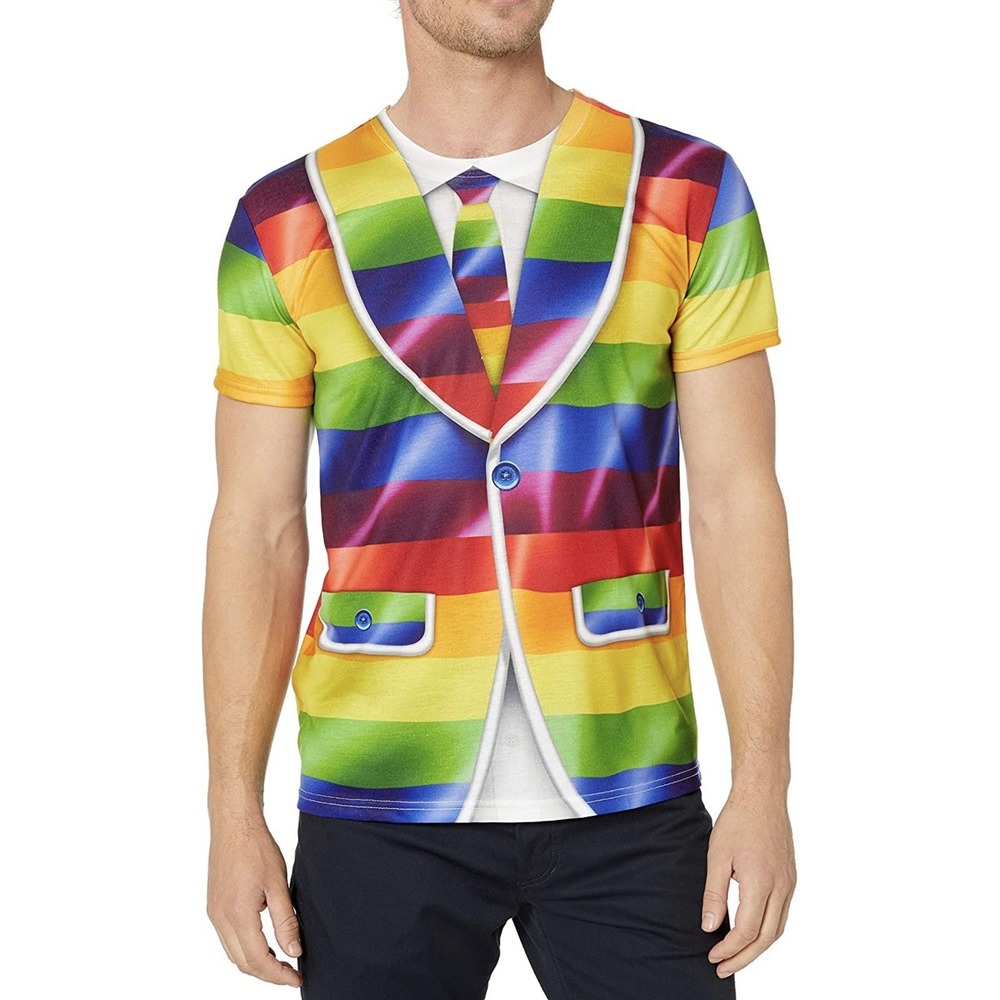 mens size Medium short sleeve t-shirt rainbow Novelty gay pride‎ suit look Shirt